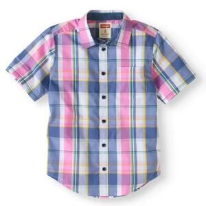 Wrangler youth unisex boys button down short sleeve pink blue plaid shirt XL 14